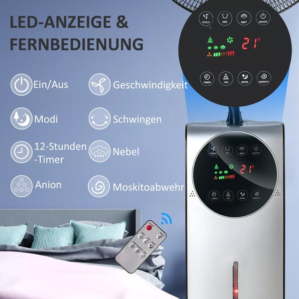 HOMCOM-lattiatuuletin vesisumulla, 90W viilennystuuletin, 3,1L vesisäiliö, 3 puhallustilaa, pyörät, kaukosäädin, musta