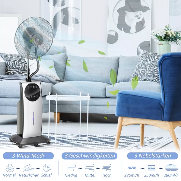 HOMCOM-lattiatuuletin vesisumulla, 90W viilennystuuletin, 3,1L vesisäiliö, 3 puhallustilaa, pyörät, kaukosäädin, musta