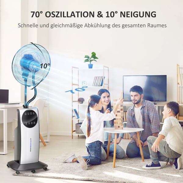 HOMCOM-lattiatuuletin vesisumulla, 90W viilennystuuletin, 3,1L vesisäiliö, 3 puhallustilaa, pyörät, kaukosäädin, musta
