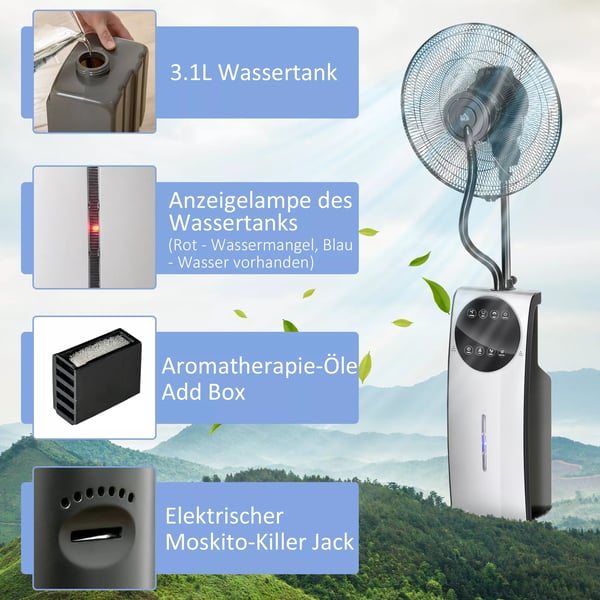 HOMCOM-lattiatuuletin vesisumulla, 90W viilennystuuletin, 3,1L vesisäiliö, 3 puhallustilaa, pyörät, kaukosäädin, musta