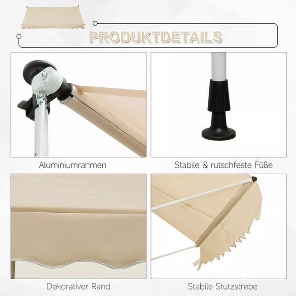 Outsunny Klemmmarkise Beige 300 x 150 cm - UV-beskyttelse, højdejusterbar, aluminium/polyester