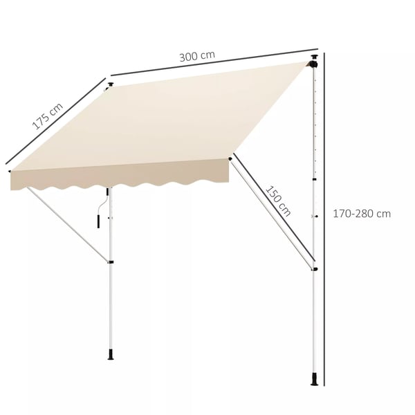 Outsunny Klemmmarkise Beige 300 x 150 cm - UV-beskyttelse, højdejusterbar, aluminium/polyester