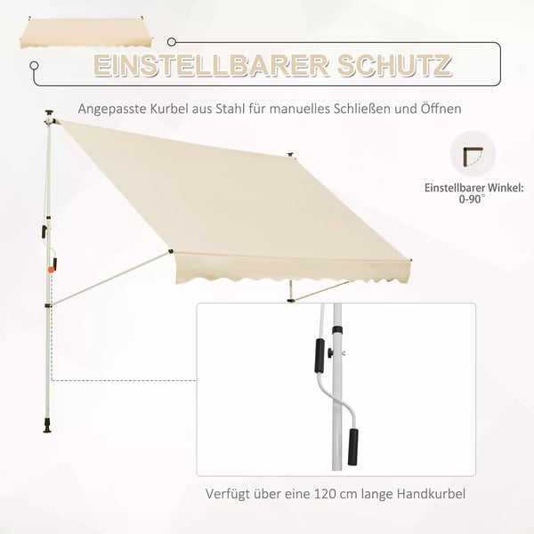 Outsunny Klemmmarkise Beige 300 x 150 cm - UV-beskyttelse, højdejusterbar, aluminium/polyester