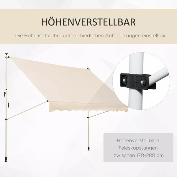Outsunny Klemmmarkise Beige 300 x 150 cm - UV-beskyttelse, højdejusterbar, aluminium/polyester