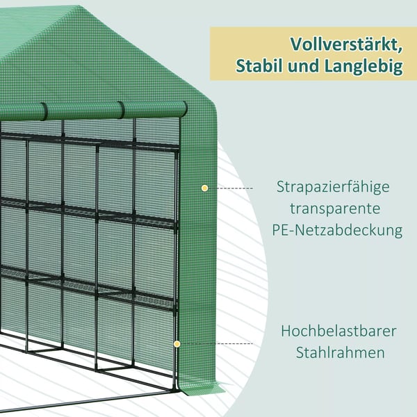 Outsunny foliedrivhus – Walk-in drivhus med 8 hyldeniveauer, tomatdrivhus, mistbænk med dør, grøn, stål og PE-plast