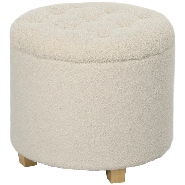 Förvaringsbänk med lock, stoppad pall i kashmirliknande polyester, krämvit, Ø45 x 41 cm