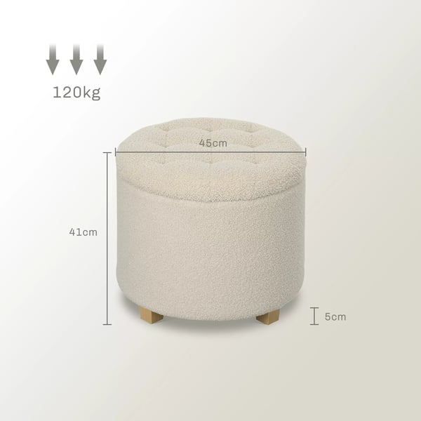 Förvaringsbänk med lock, stoppad pall i kashmirliknande polyester, krämvit, Ø45 x 41 cm
