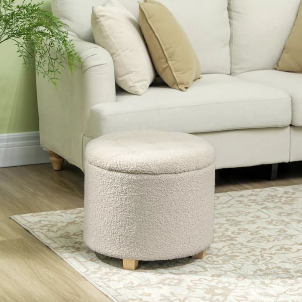 Förvaringsbänk med lock, stoppad pall i kashmirliknande polyester, krämvit, Ø45 x 41 cm