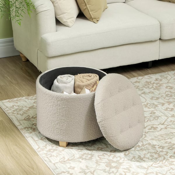 Förvaringsbänk med lock, stoppad pall i kashmirliknande polyester, krämvit, Ø45 x 41 cm