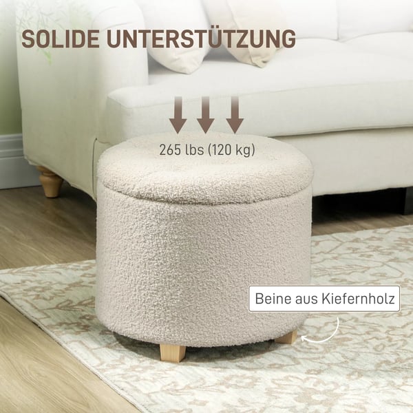 Förvaringsbänk med lock, stoppad pall i kashmirliknande polyester, krämvit, Ø45 x 41 cm