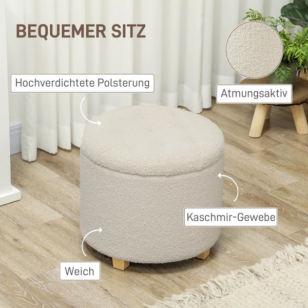 Förvaringsbänk med lock, stoppad pall i kashmirliknande polyester, krämvit, Ø45 x 41 cm