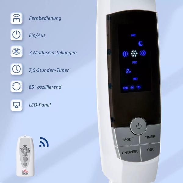 HOMCOM gulvventilator 138 cm, hvid ventilator med timer, fjernbetjening, højdejusterbar, 3 hastigheder, stål