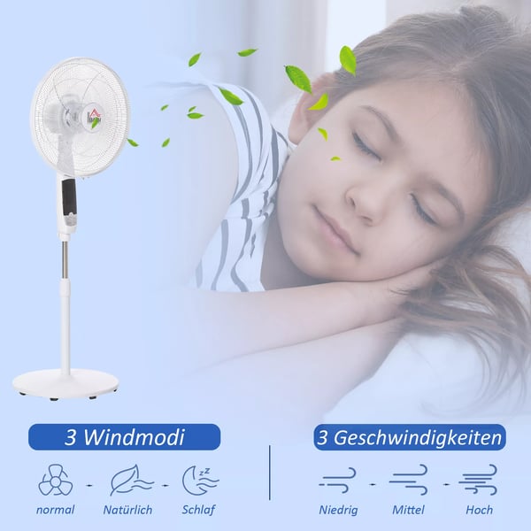 HOMCOM gulvventilator 138 cm, hvid ventilator med timer, fjernbetjening, højdejusterbar, 3 hastigheder, stål