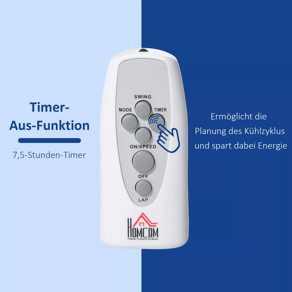 HOMCOM gulvventilator 138 cm, hvid ventilator med timer, fjernbetjening, højdejusterbar, 3 hastigheder, stål