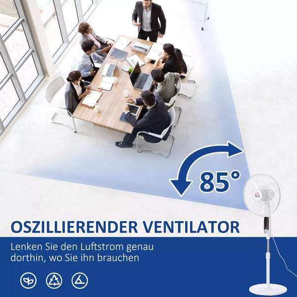 HOMCOM gulvventilator 138 cm, hvid ventilator med timer, fjernbetjening, højdejusterbar, 3 hastigheder, stål
