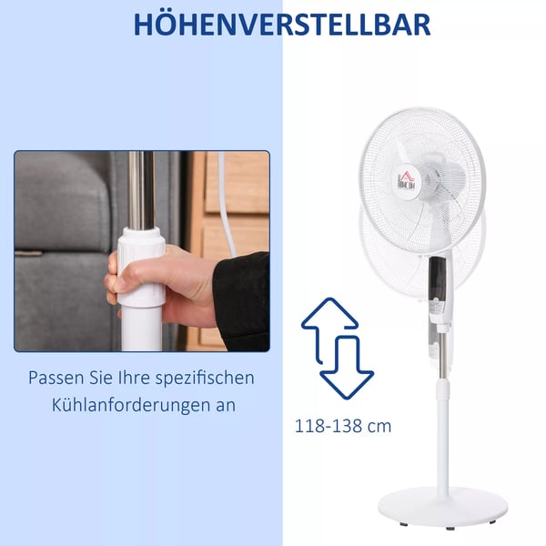 HOMCOM gulvventilator 138 cm, hvid ventilator med timer, fjernbetjening, højdejusterbar, 3 hastigheder, stål