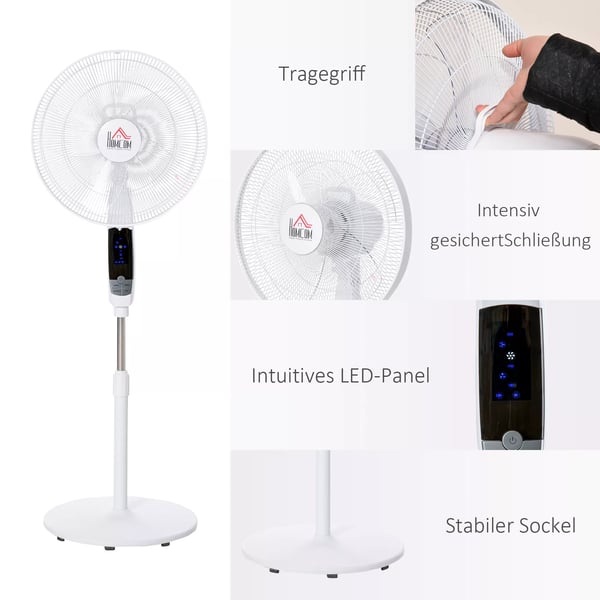 HOMCOM gulvventilator 138 cm, hvid ventilator med timer, fjernbetjening, højdejusterbar, 3 hastigheder, stål