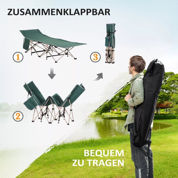 Outsunny feltseng med opbevaringstaske, sammenklappelig campingseng, campingliggestol, inkl. bæretaske, stål Oxford, grøn, 190 x 68 x 52 cm