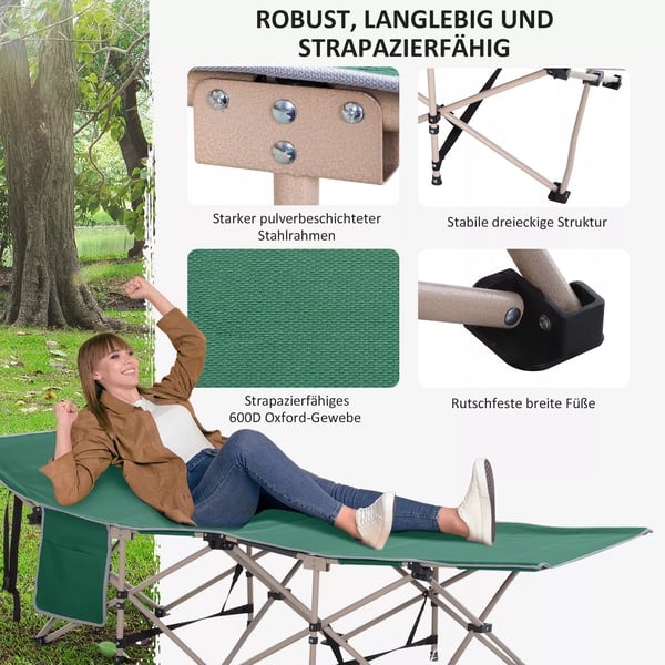 Outsunny feltseng med opbevaringstaske, sammenklappelig campingseng, campingliggestol, inkl. bæretaske, stål Oxford, grøn, 190 x 68 x 52 cm