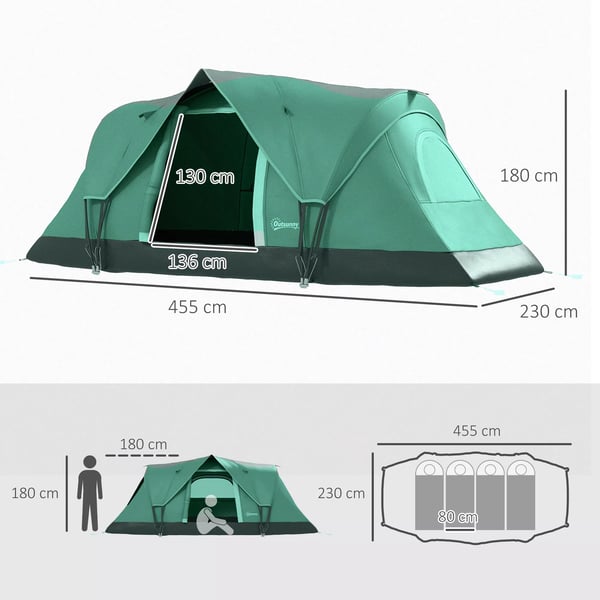 Outsunny campingtelt til 5-6 personer, tunneltelt med pløkker, kuppeltelt, polyester, armygrøn + sort, 4,55x2,3x1,8m