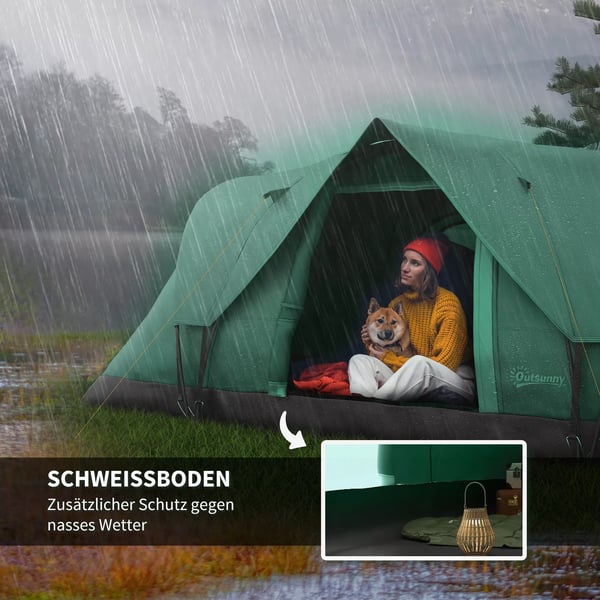 Outsunny campingtelt til 5-6 personer, tunneltelt med pløkker, kuppeltelt, polyester, armygrøn + sort, 4,55x2,3x1,8m