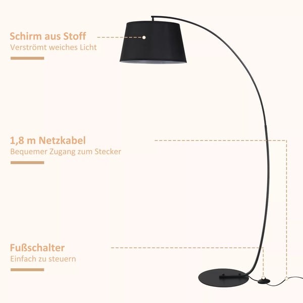 Bågformad golvlampa - Modern bågformad lampa i metall - Golvlampa metall linne svart