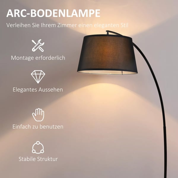 Bågformad golvlampa - Modern bågformad lampa i metall - Golvlampa metall linne svart