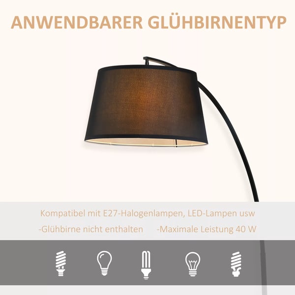 Bågformad golvlampa - Modern bågformad lampa i metall - Golvlampa metall linne svart