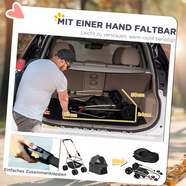 PawHut Hundevogn 3-i-1 Grå Hundeklapvogn Transporttaske Foldbar med Kopholder til Små Hunde Op til 4 kg