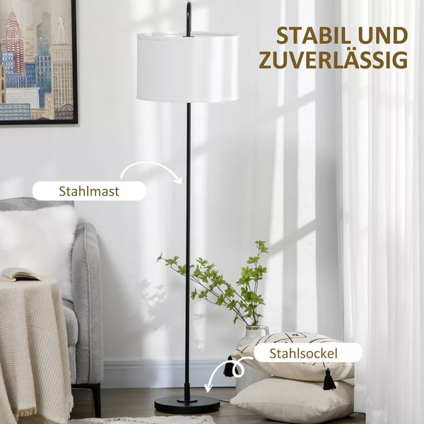 HOMCOM Standerlampe i Legeret Stål, Hvid og Sort, med Lampeskærm, 64 x 38 x 163,5 cm