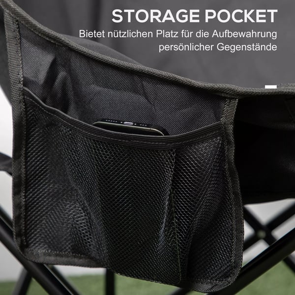 Outsunny foldbar campingstol, sort polyester med sidelomme, stålramme, bærbar til udendørs brug
