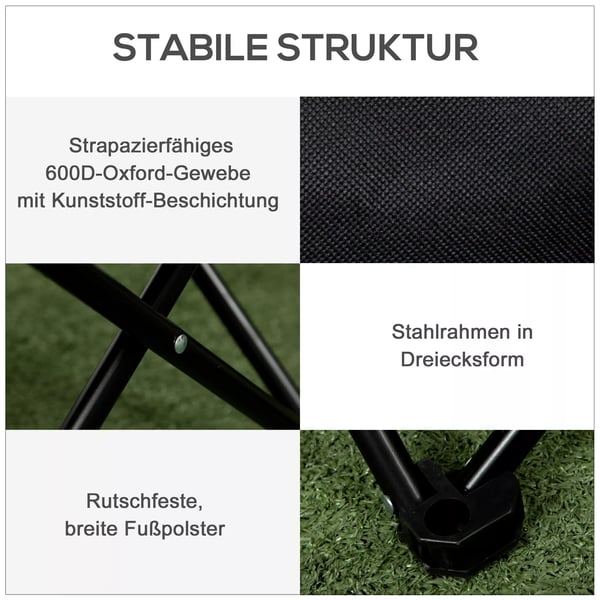 Outsunny foldbar campingstol, sort polyester med sidelomme, stålramme, bærbar til udendørs brug
