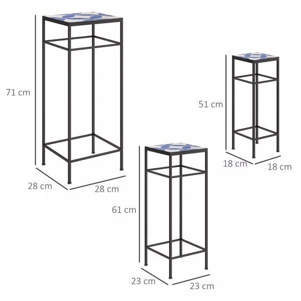 3-pack blomställningar med mosaik, härförg färg Blå+Vit, metall, 3 olika storlekar