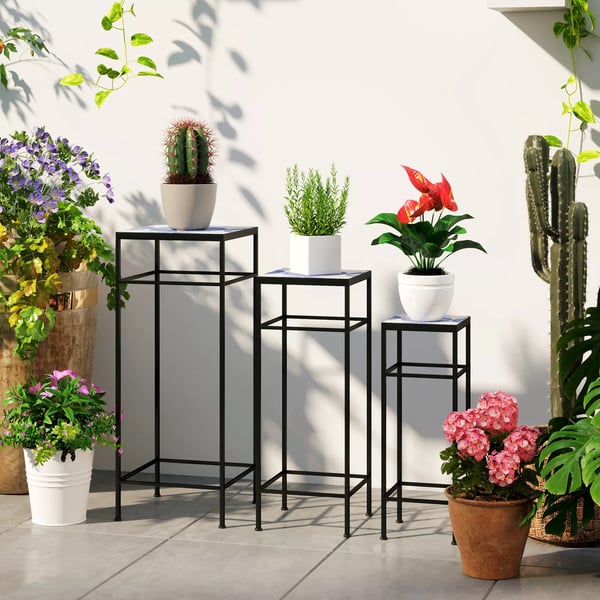 3-pack blomställningar med mosaik, härförg färg Blå+Vit, metall, 3 olika storlekar