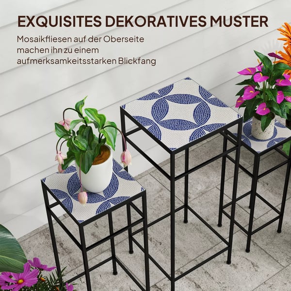 3-pack blomställningar med mosaik, härförg färg Blå+Vit, metall, 3 olika storlekar