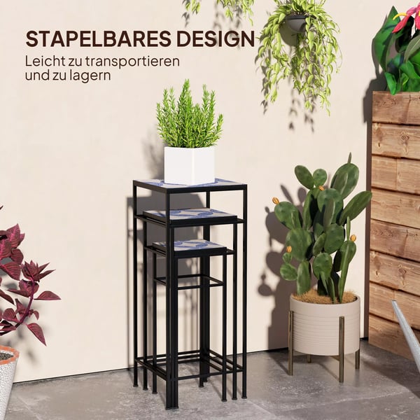 3-pack blomställningar med mosaik, härförg färg Blå+Vit, metall, 3 olika storlekar