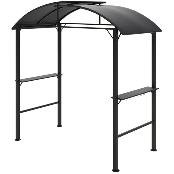 Outsunny mørkegrå grillpavillon i stål, 233x110x235 cm, med dobbelt tag og sidehylder, vind- og UV-beskyttelse