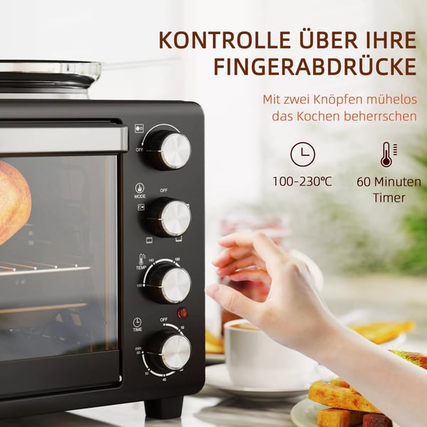 HOMCOM Mini-uuni 28L, 2600W, 2 Lämpölevyä, Musta, Ruostumaton Teräs