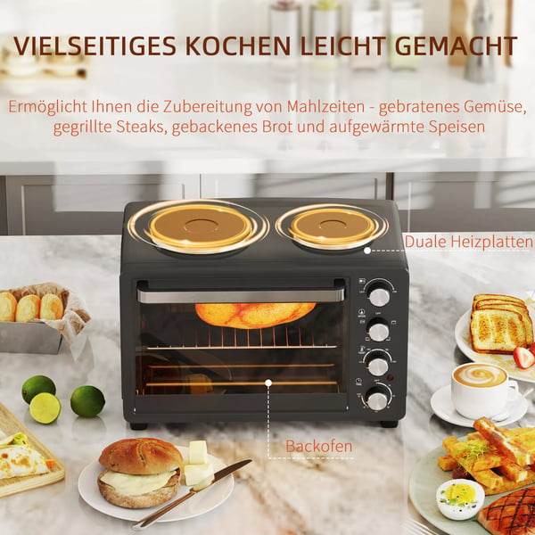HOMCOM Mini-uuni 28L, 2600W, 2 Lämpölevyä, Musta, Ruostumaton Teräs