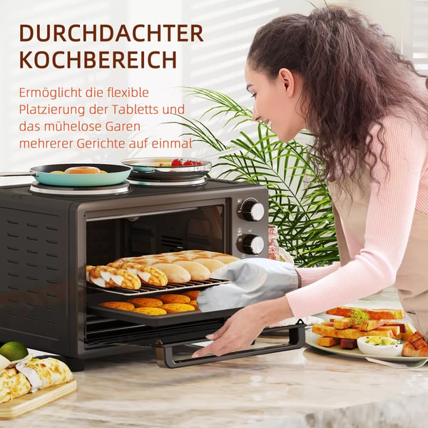 HOMCOM Mini-uuni 28L, 2600W, 2 Lämpölevyä, Musta, Ruostumaton Teräs