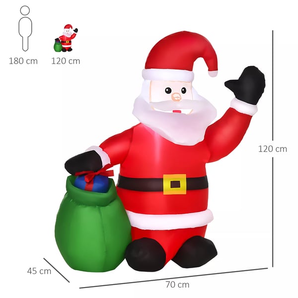 Puhallettava Joulupukki - Lämpimän Valkoinen LED, 120cm korkea, Polyesteri, IP44