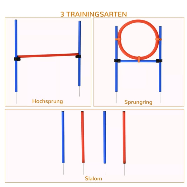 PawHut Hunde Agility Træningssæt - 3-i-1 Banesæt med Forhindringer, Ring og Slalom - PE - Rød/Blå