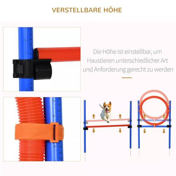 PawHut Hunde Agility Træningssæt - 3-i-1 Banesæt med Forhindringer, Ring og Slalom - PE - Rød/Blå