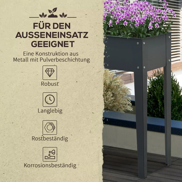 Outsunny højbed, urtebed, plantekasse med 3 drænhuller, blomsterkasse med ben, metal, 100 x 30 x 80 cm