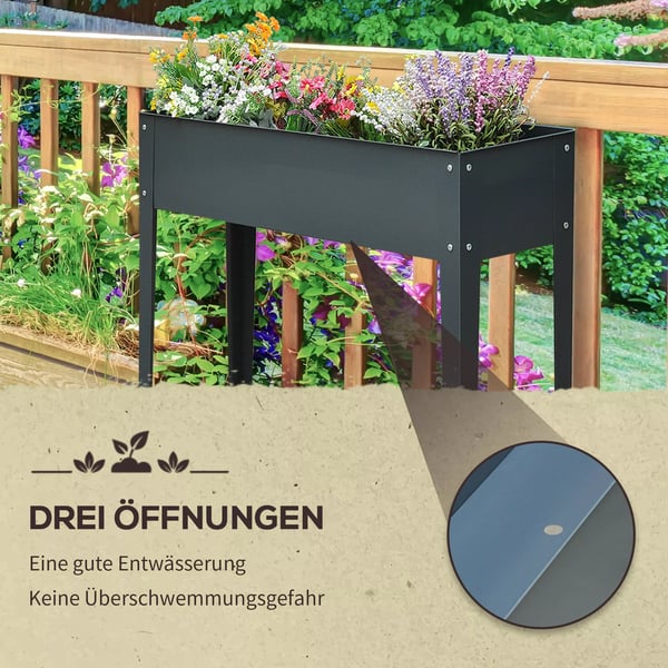 Outsunny højbed, urtebed, plantekasse med 3 drænhuller, blomsterkasse med ben, metal, 100 x 30 x 80 cm
