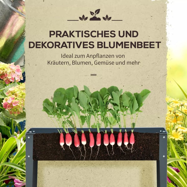 Outsunny højbed, urtebed, plantekasse med 3 drænhuller, blomsterkasse med ben, metal, 100 x 30 x 80 cm