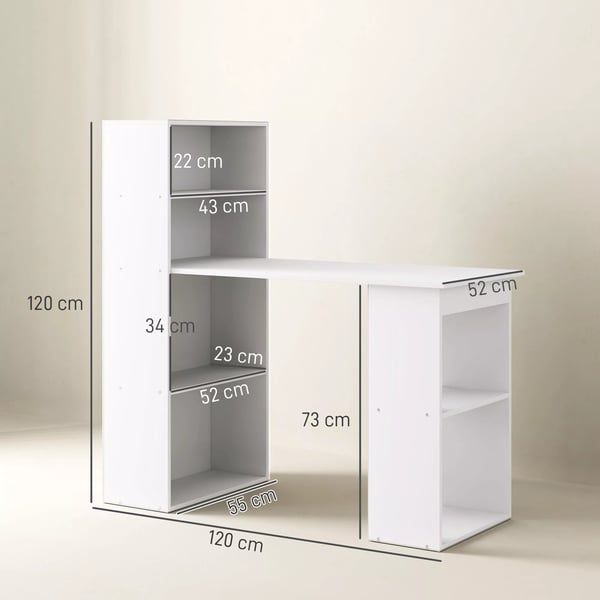 HOMCOM Skrivebord med hylde, 120x55x120cm, hvid, spånplade