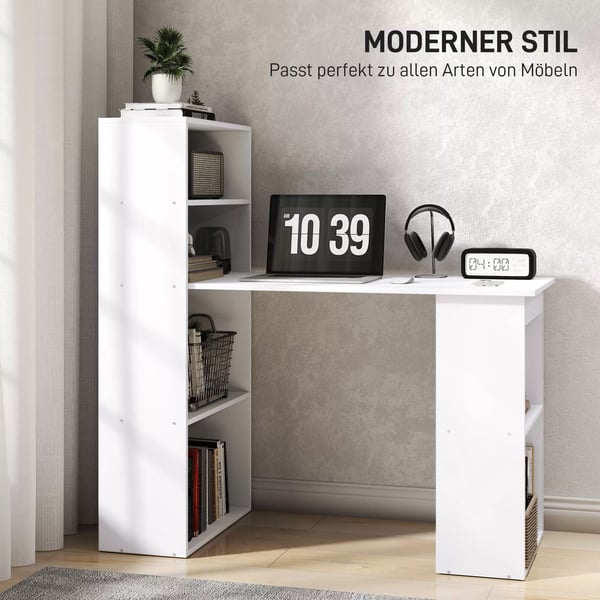 HOMCOM Skrivebord med hylde, 120x55x120cm, hvid, spånplade