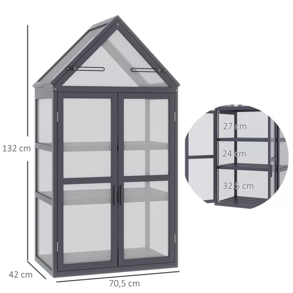 Outsunny minikasvihuone, 3 hyllytasoa, avattava katto, pariovet, puuta, 70,5 x 42 x 132 cm