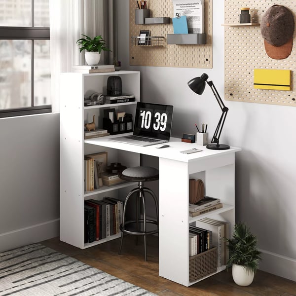 HOMCOM Skrivebord med hylde, 120x55x120cm, hvid, spånplade
